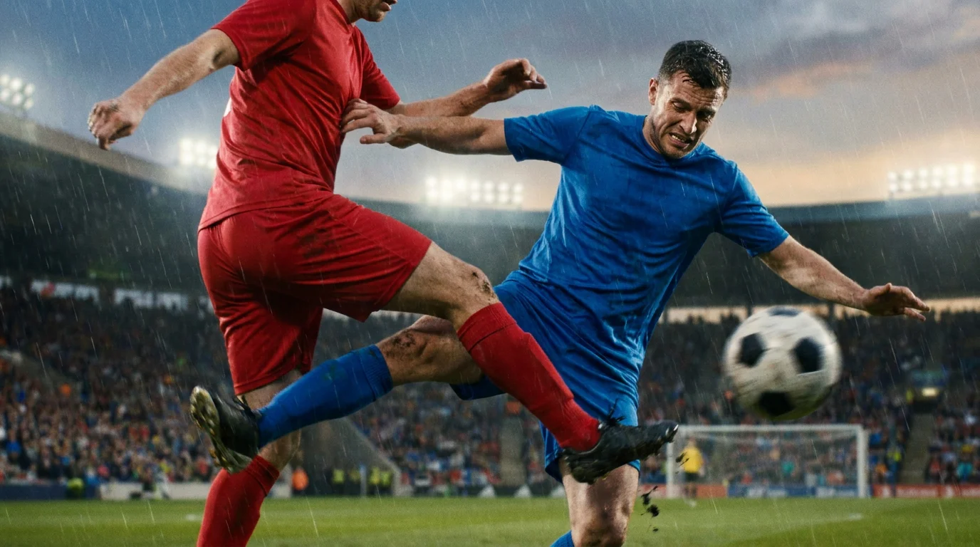 Two football teams in action during a high-scoring match on a green pitch