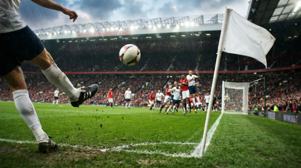 Football corner kick being delivered into a crowded penalty area during a Premier League match
