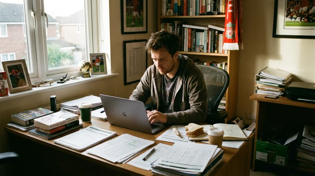 Football punter reviewing multiple statistical dashboards on a laptop before placing bets