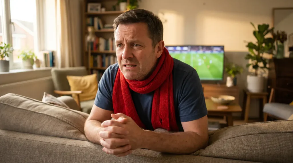 Passionate football supporter watching their team play unable to assess match odds objectively