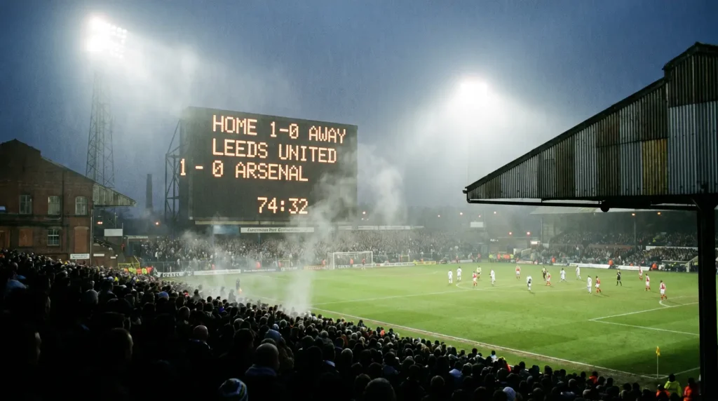 Football stadium scoreboard showing match result during evening fixture
