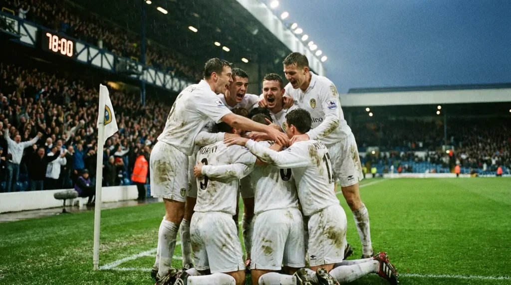 Football team celebrating a second-half comeback goal after being level at half-time