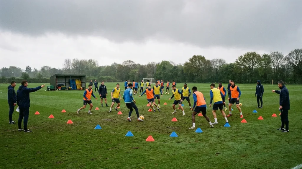 Football training session on grass pitch with squad preparing for fixture congestion