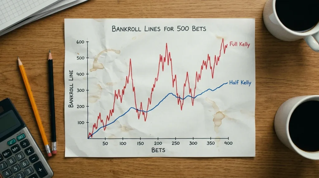 Comparison chart of full Kelly versus half Kelly bankroll trajectories