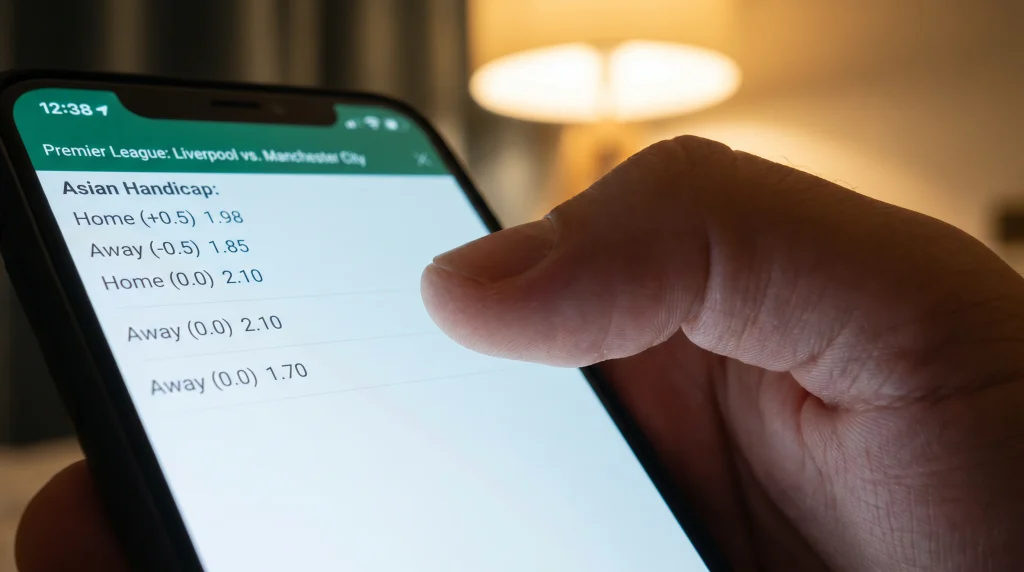 Bookmaker app showing Asian handicap lines for a Premier League fixture