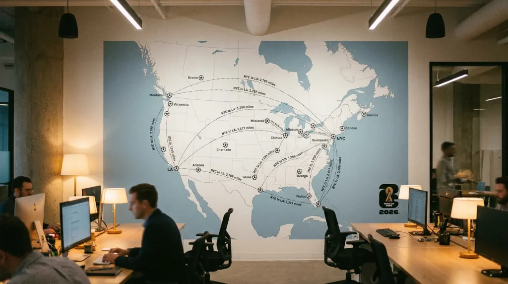 Travel route map showing distances between World Cup 2026 venue cities