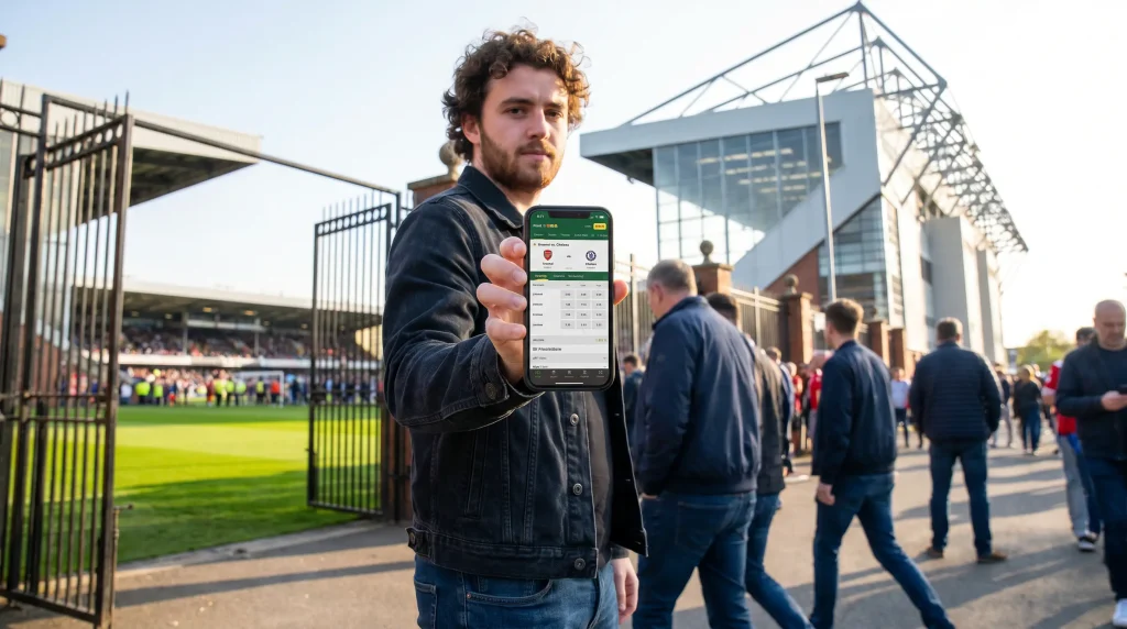 Beginner placing a first football bet on a mobile phone at a UK stadium