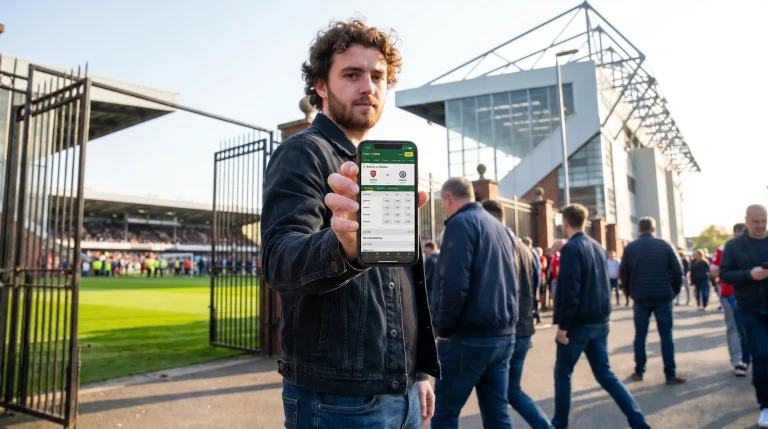 Beginner placing a first football bet on a mobile phone at a UK stadium