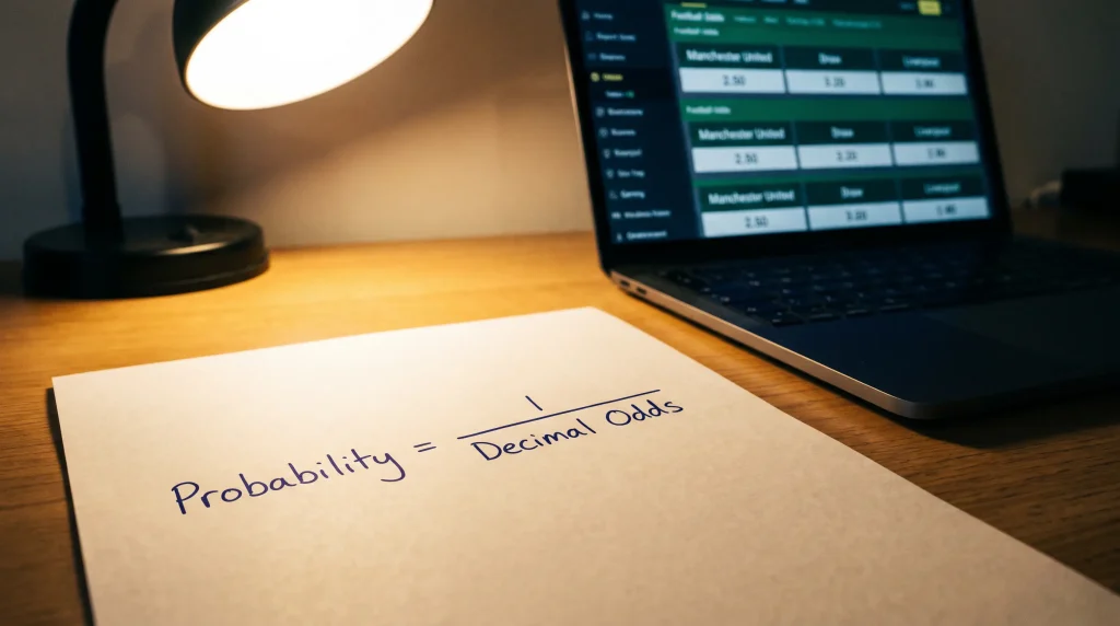 Simple probability formula written on paper next to a laptop showing football odds