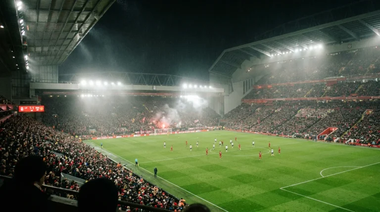 Live football match viewed from stands with real-time data graphics overlay