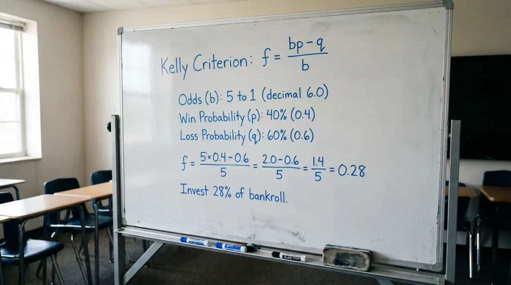 Kelly Criterion formula worked example showing optimal stake calculation