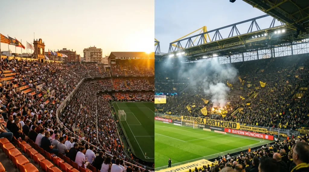 Split scene of a La Liga and Bundesliga stadium showing contrasting football cultures