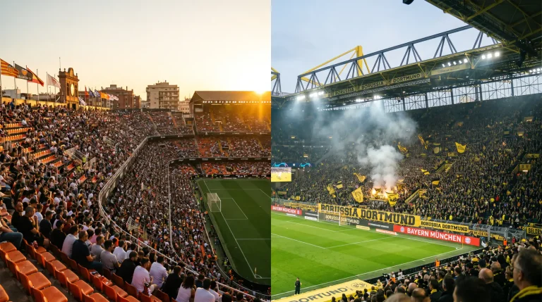 Split scene of a La Liga and Bundesliga stadium showing contrasting football cultures