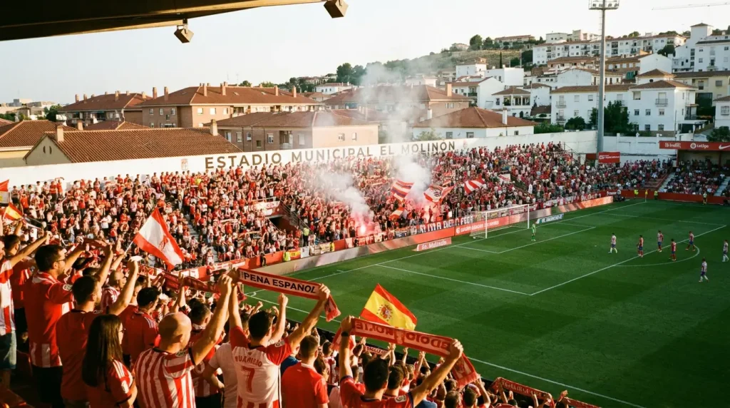 Compact La Liga stadium with passionate home supporters in warm evening light