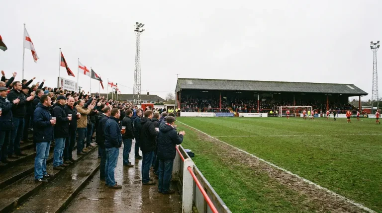 Atmospheric lower-league football ground with fans close to the pitch