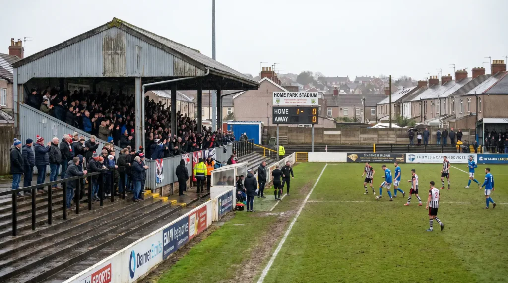 League Two football ground on Saturday with lower-league match in progress