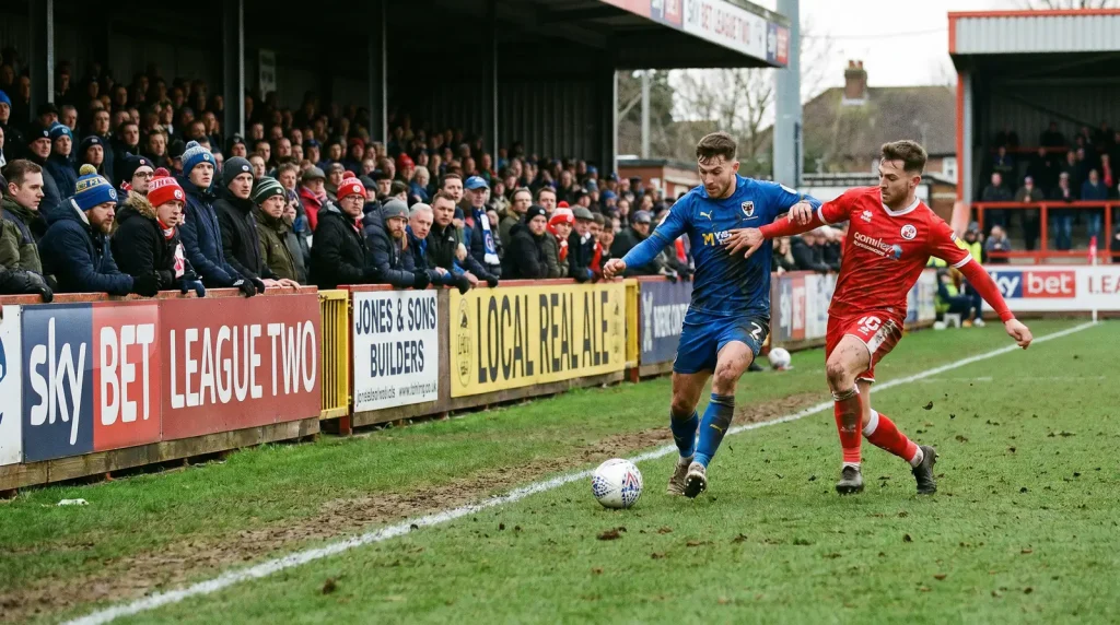 League Two match action on a well-worn grass pitch with close-range crowd