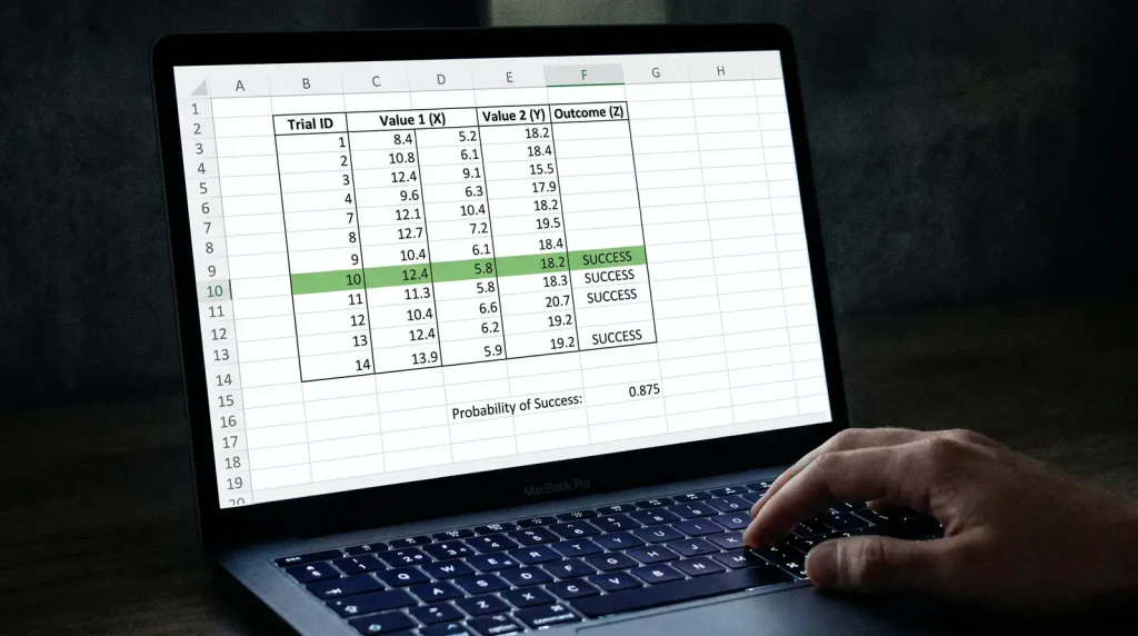 Clean spreadsheet model showing four core betting metrics fed into probability calculations