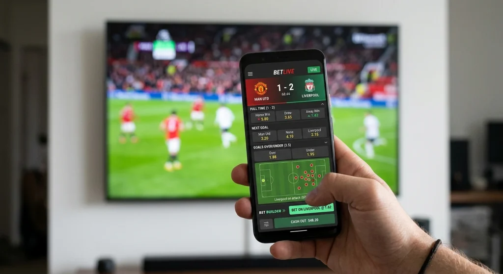 Mobile phone displaying live football betting interface during match