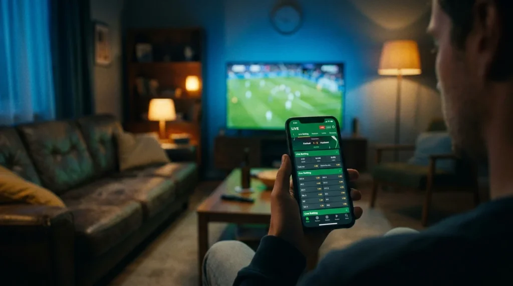 Punter using mobile phone for in-play football betting with live match data