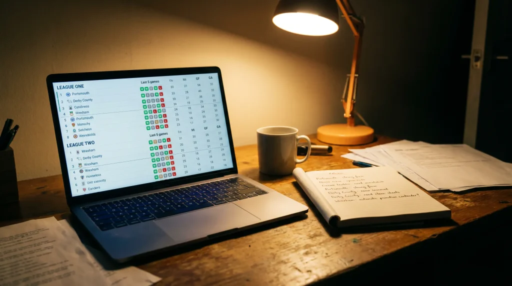 Laptop showing League One and League Two form tables and goal statistics