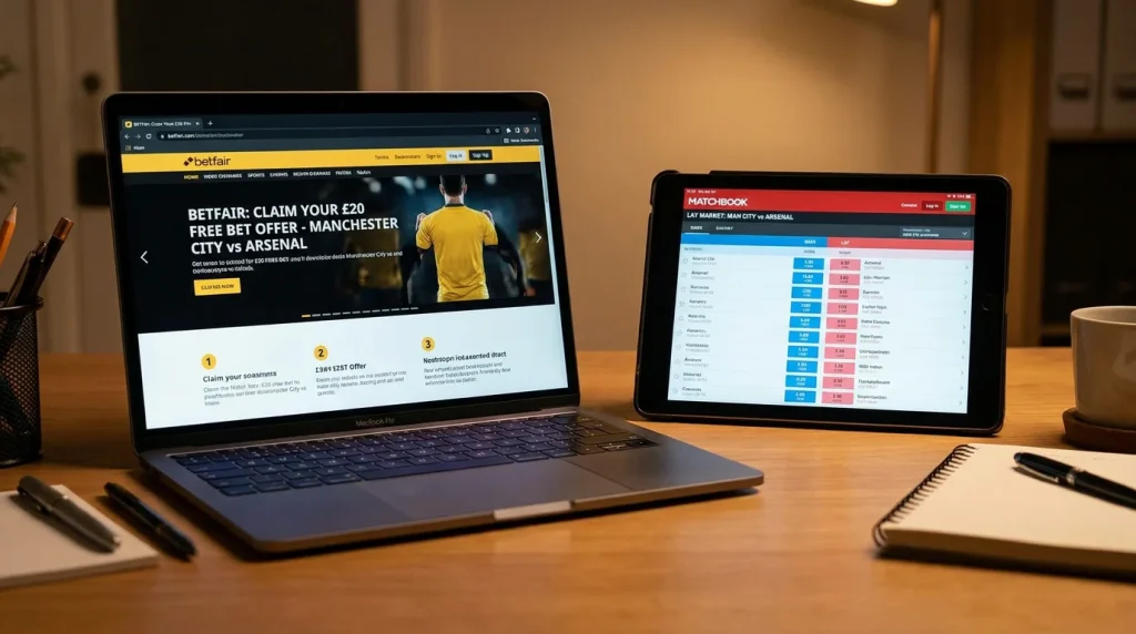 Side-by-side bookmaker and exchange screens demonstrating a matched bet
