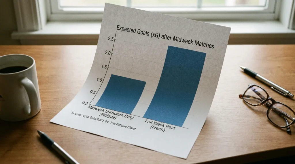 Chart showing expected goals output drop after midweek European away travel