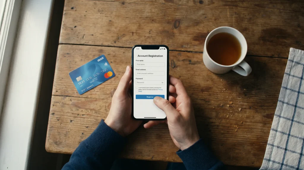 Person completing a betting account registration on a smartphone