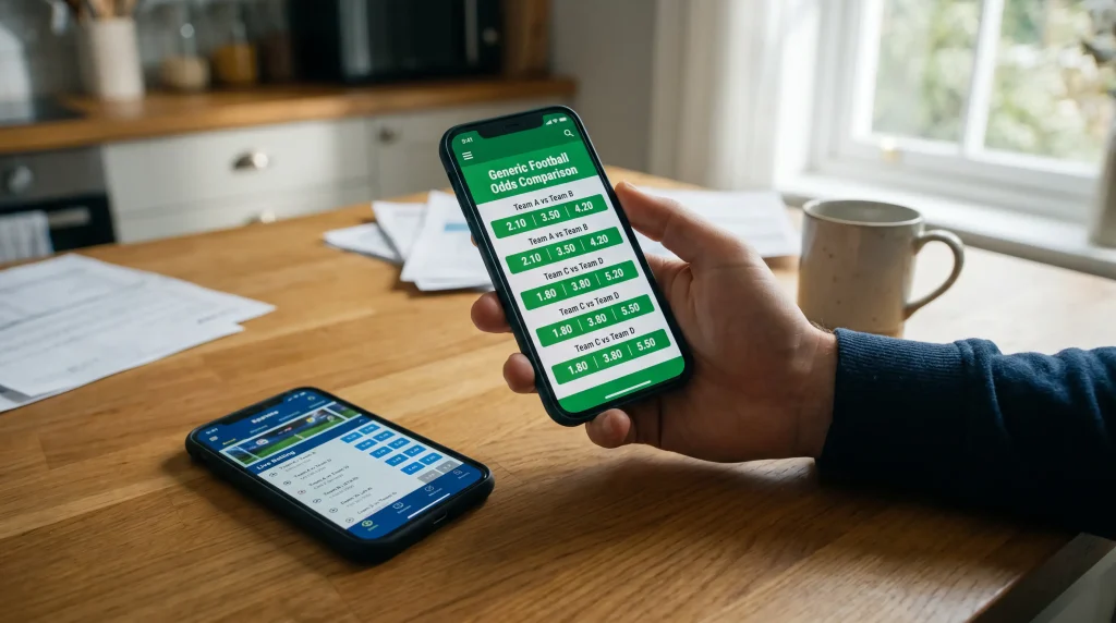 Smartphone showing multiple UK bookmaker apps open for football odds comparison