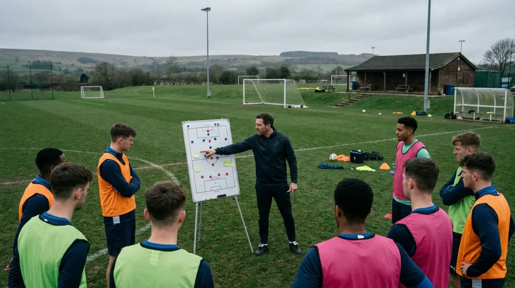 Newly appointed football manager directing training session with changed tactical approach