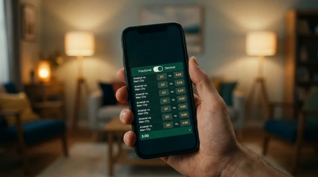 Betting app showing the same fixture in fractional and decimal odds formats