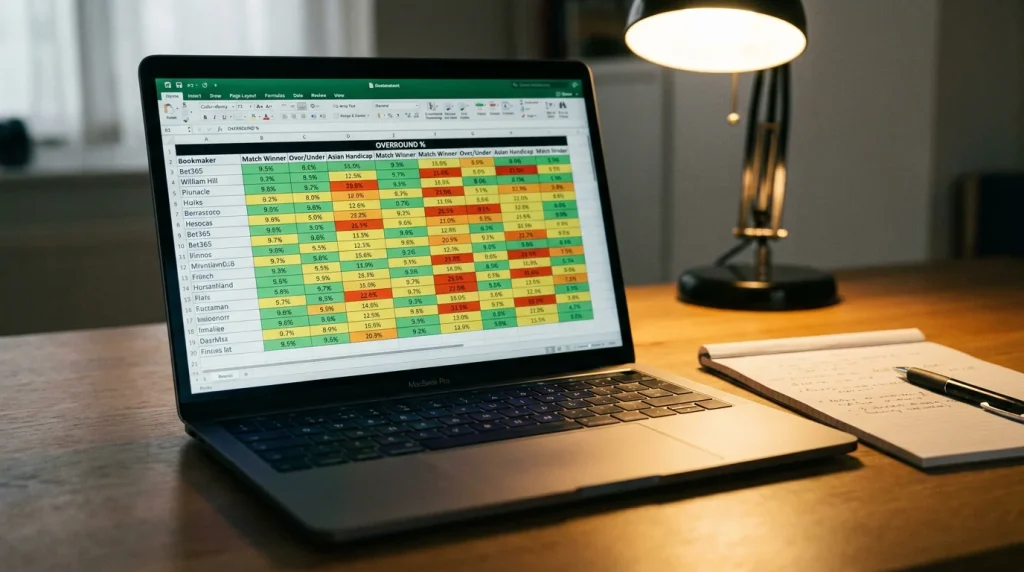 Laptop screen showing a spreadsheet tracking bookmaker margins by market type