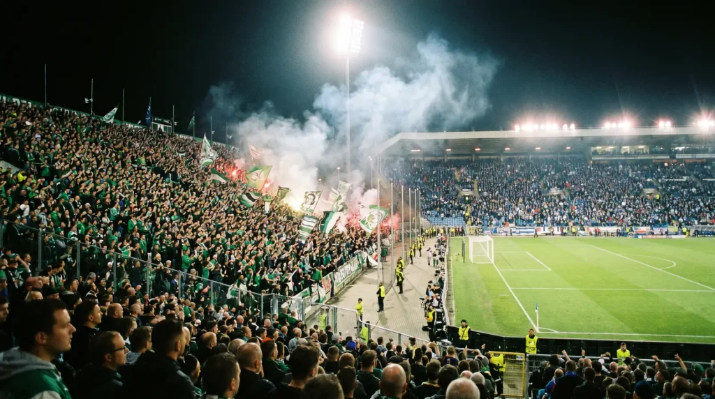 Old Firm derby atmosphere with Celtic and Rangers supporters creating a wall of noise