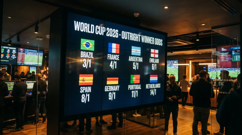 Bookmaker display board showing outright World Cup winner odds for leading nations
