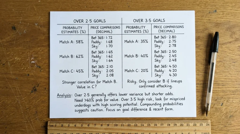 Goal line selection analysis comparing over 2.5 versus over 3.5 expected value