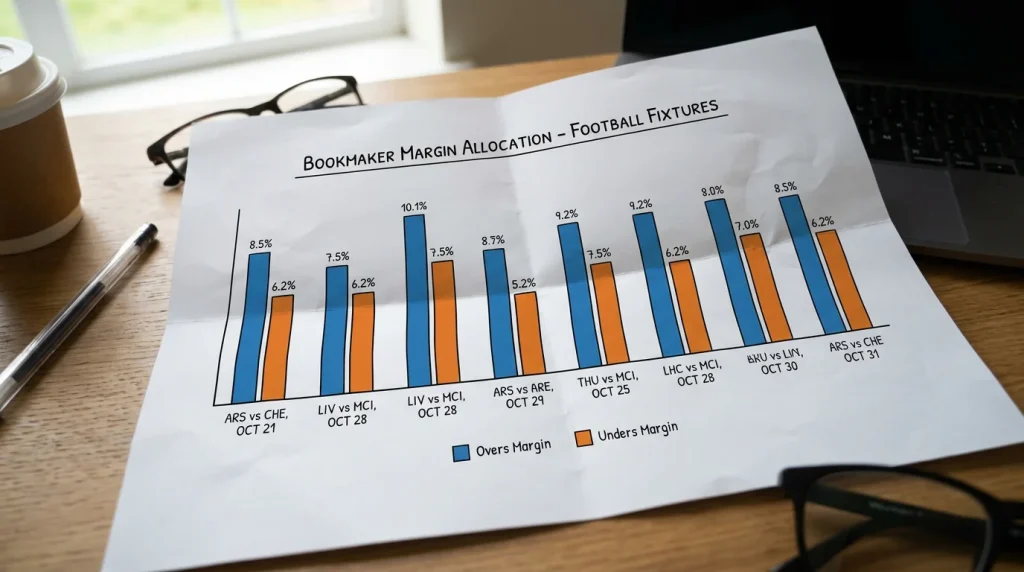 Pricing chart showing bookmaker margin distribution between overs and unders markets