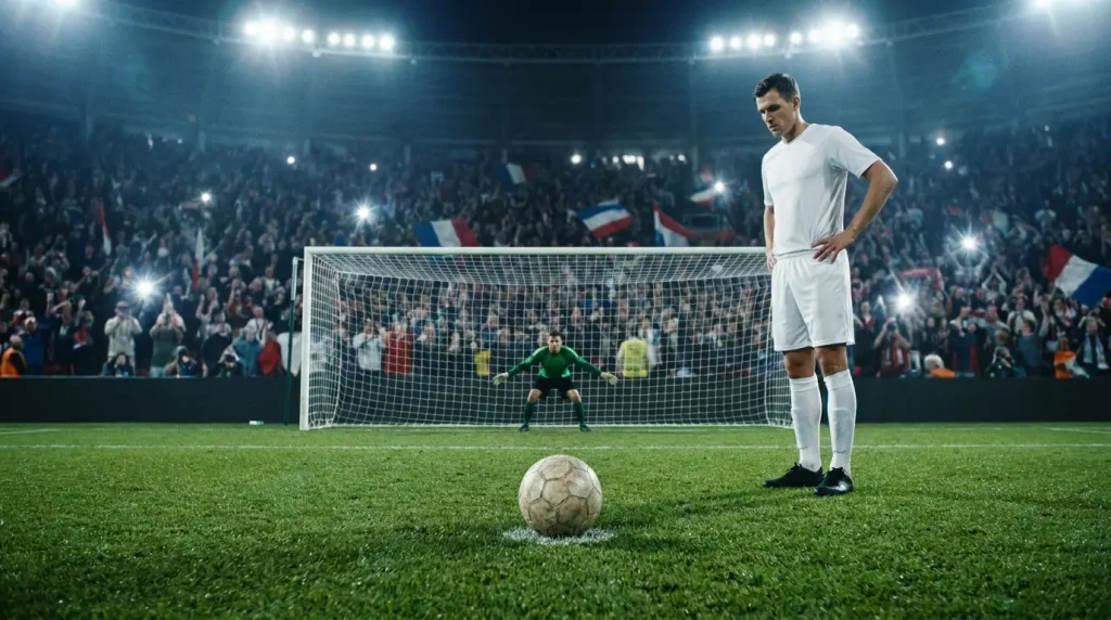 Penalty taker placing ball on spot during football match