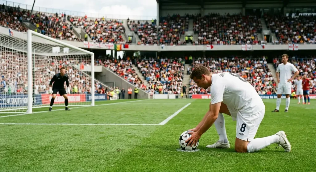 Designated penalty taker placing the ball on the spot before a Premier League penalty kick