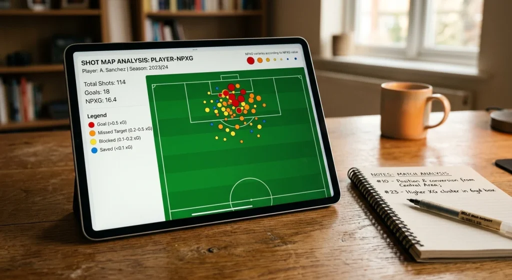 Player non-penalty expected goals shot map showing chance quality distribution