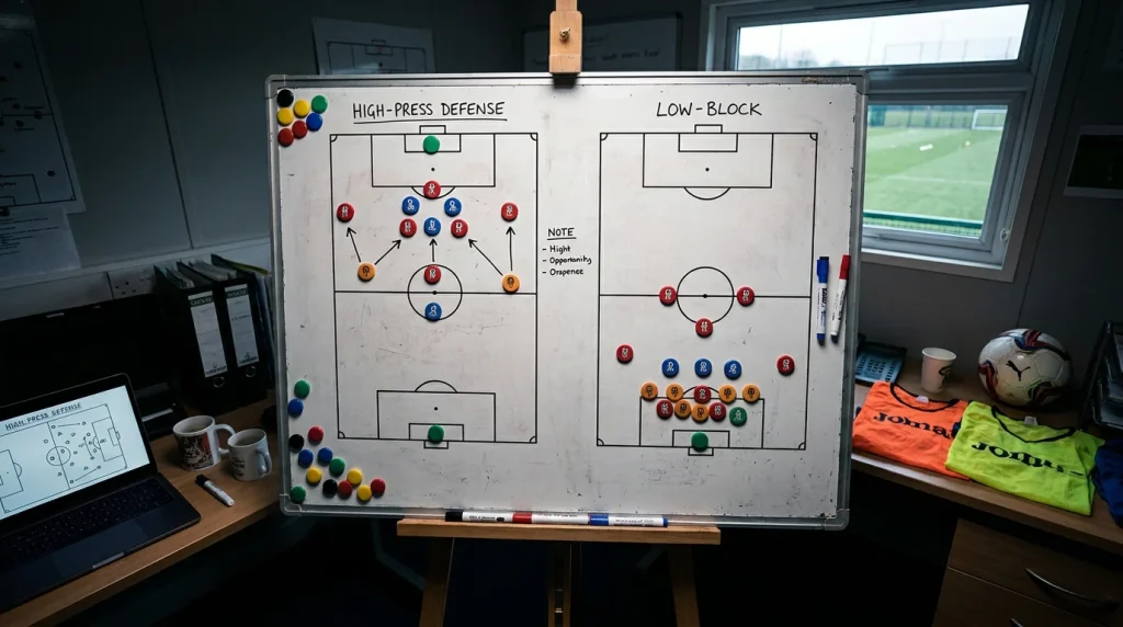 Football pitch diagram showing high-press and low-block defensive shapes