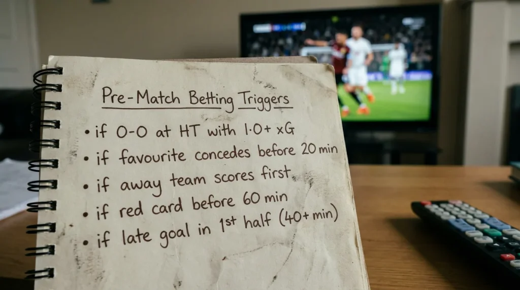 Handwritten pre-match betting triggers on notepad beside television screen