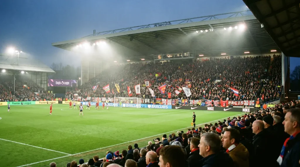 Packed Premier League stadium on matchday with intense atmosphere and floodlights