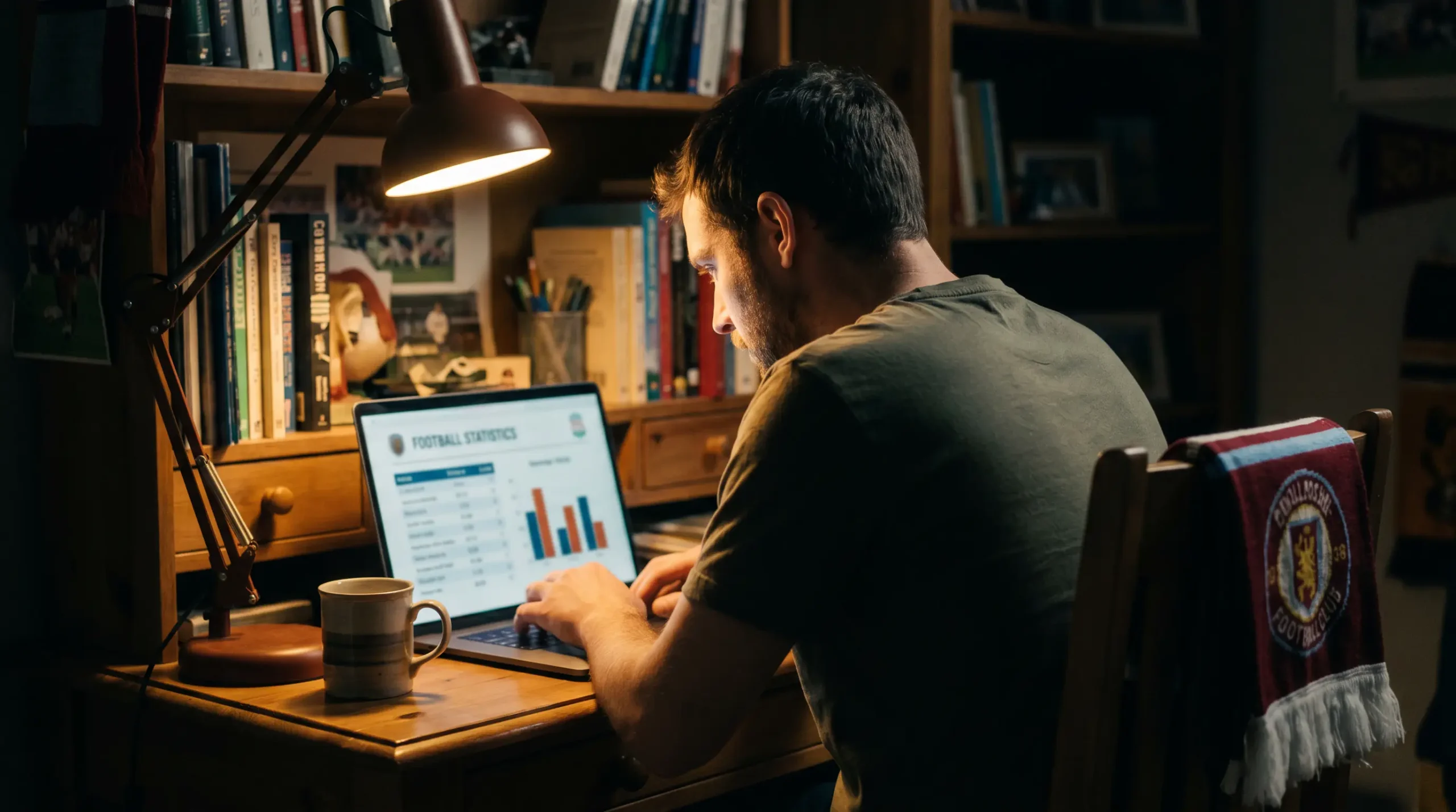 Football punter reviewing match statistics and xG data on a laptop before placing bets
