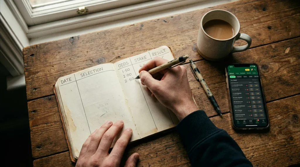 Punter writing bet selections and results in a tracking notebook