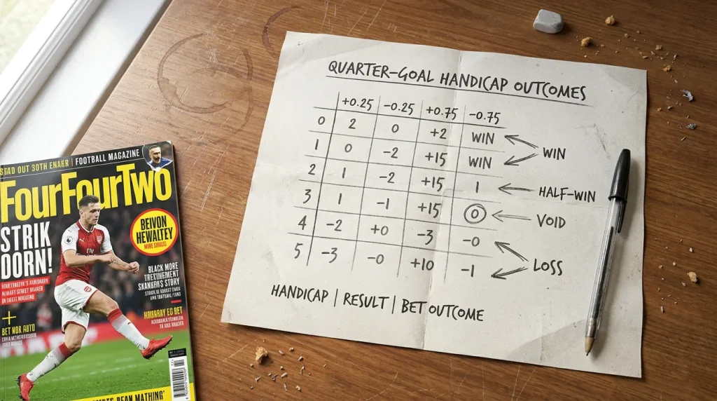 Diagram showing possible outcomes of a quarter-goal Asian handicap bet