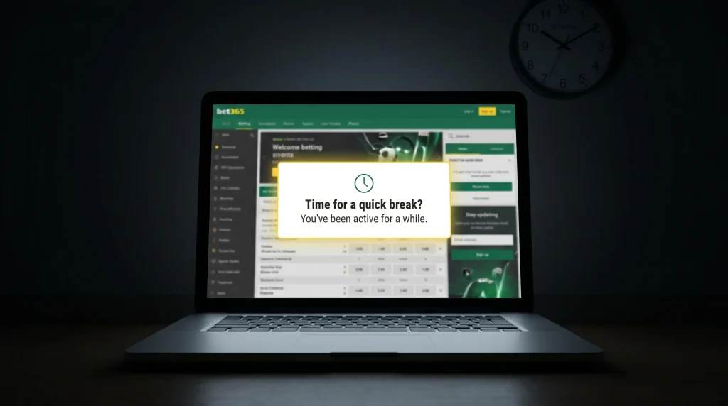 Reality check notification interrupting a live betting session with time and spend summary