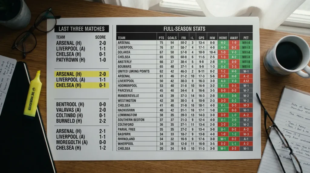 Football form guide showing last three results alongside a longer-term performance table
