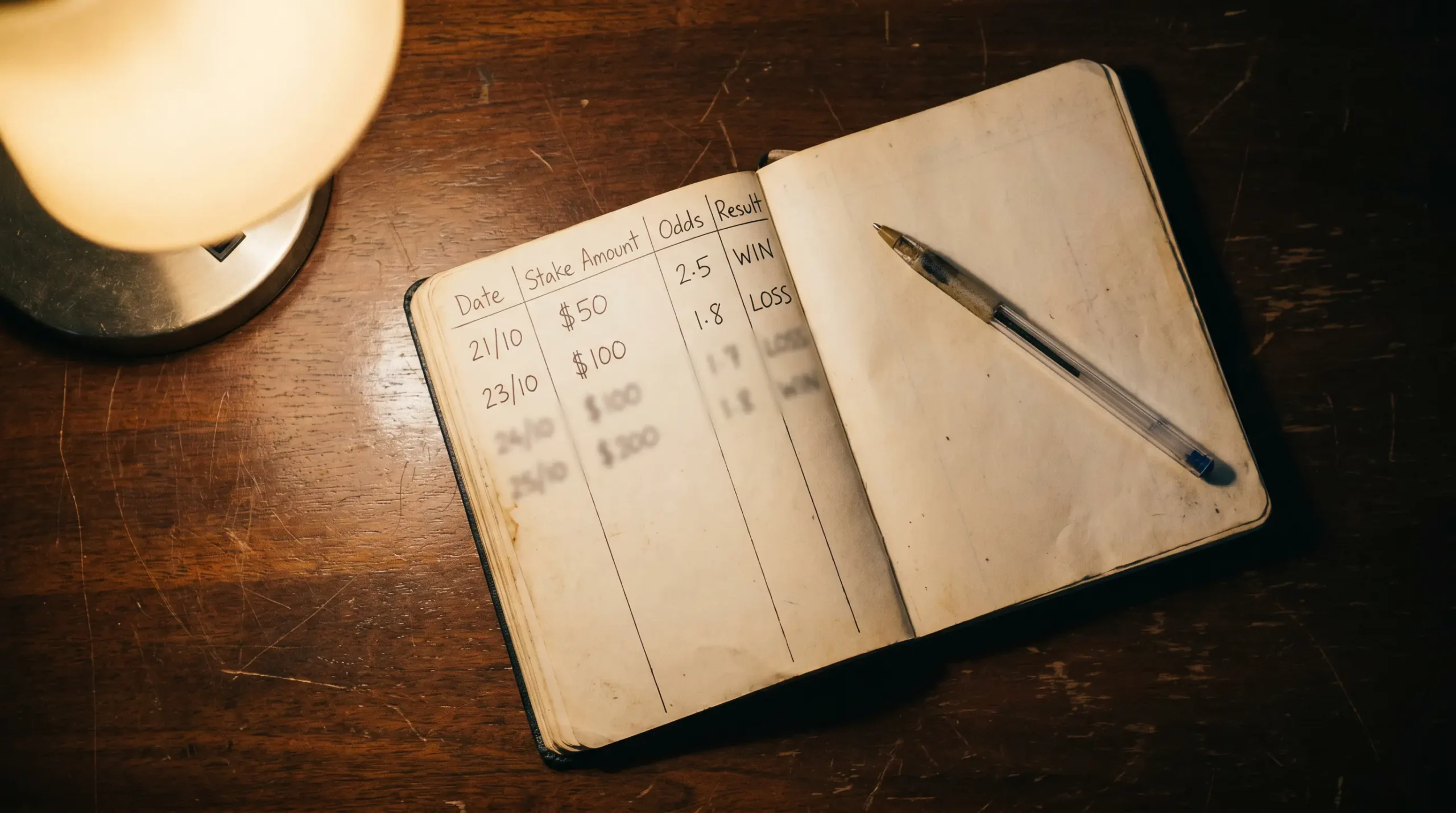 Notebook with a handwritten staking plan and bankroll tracking alongside a pen