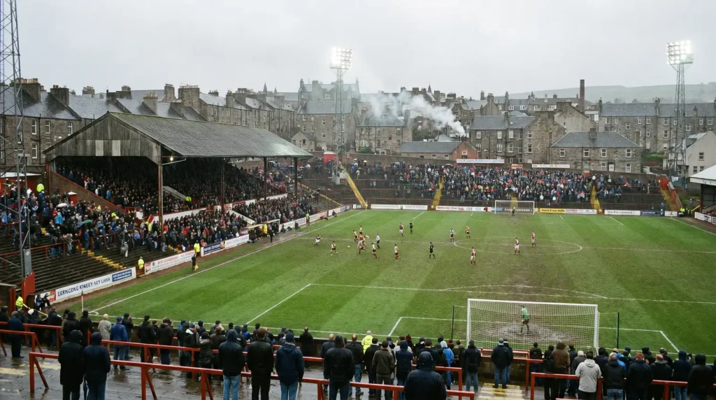 Compact Scottish Premiership stadium with close crowd proximity and intense atmosphere