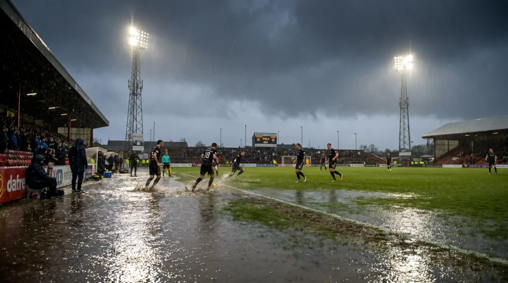 Waterlogged Scottish football pitch in heavy winter rain affecting playing conditions